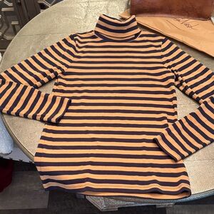 J. Crew Perfect Fit Navy and Tan Striped Thick Cotton Turtleneck Top~Like New!